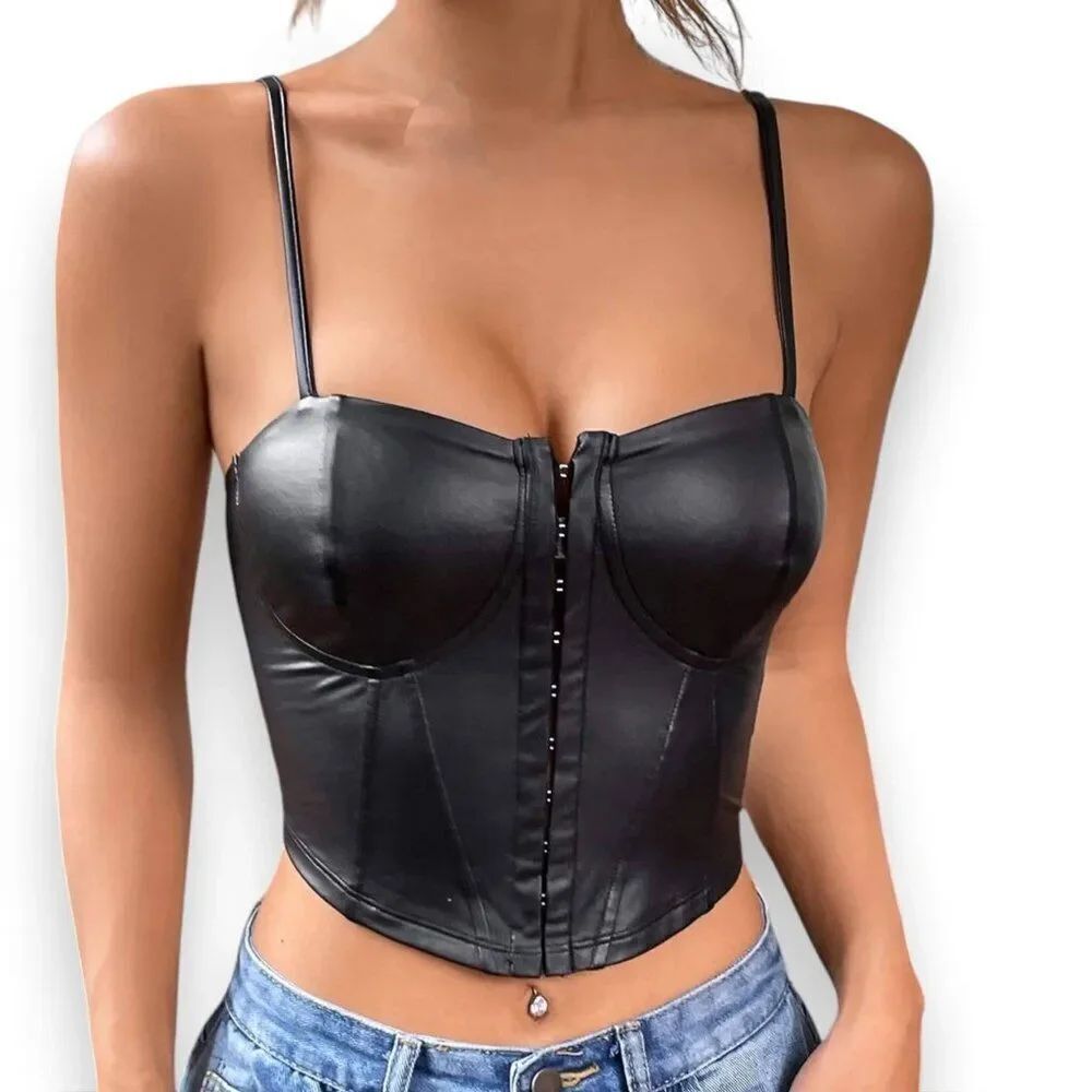 NWT Black Faux Leather Cropped Corset Top